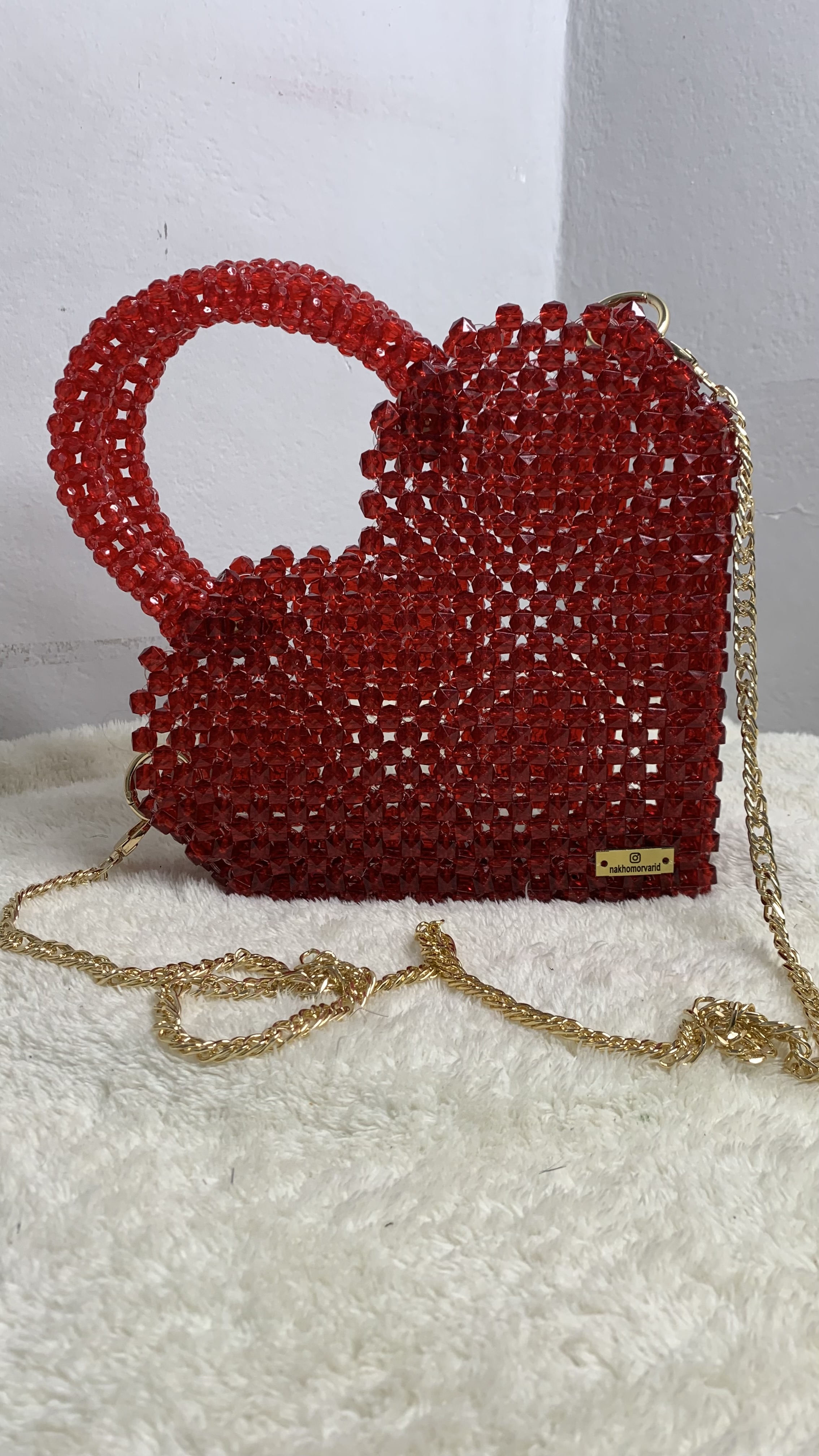 کیف دخترانه دستی دوشی مدل قلبی، مروارید مکعبی رنگ قرمز