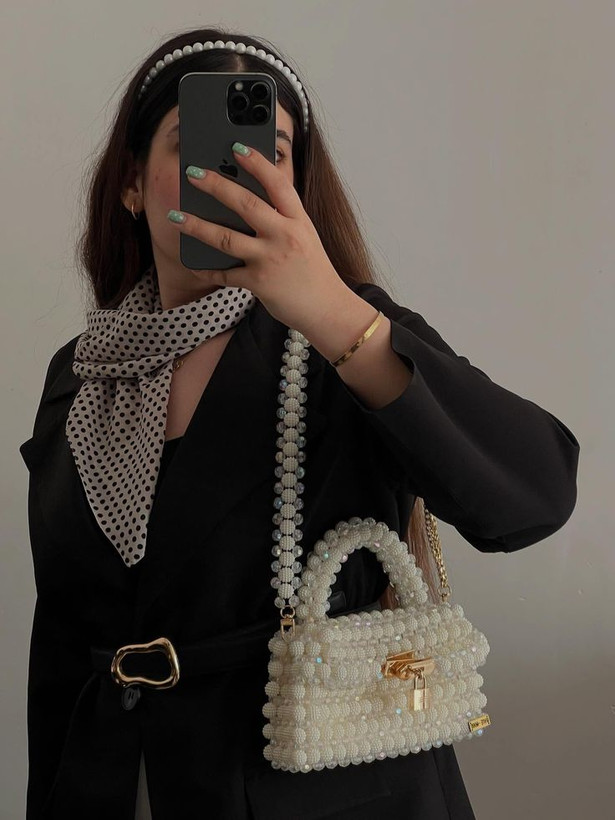 کیف مرواریدی تمشکی دستبافت | کیف زنانه مجلسی و لوکس